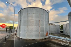 Fire water tank with visible signs of corrosion and leakage